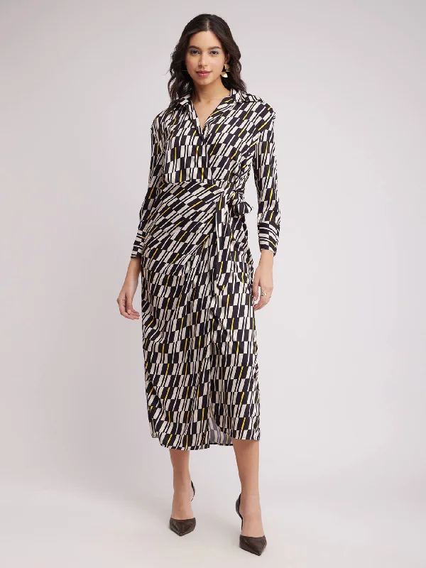 Don't Wait Geometric Wrap Dress - Black And Off White