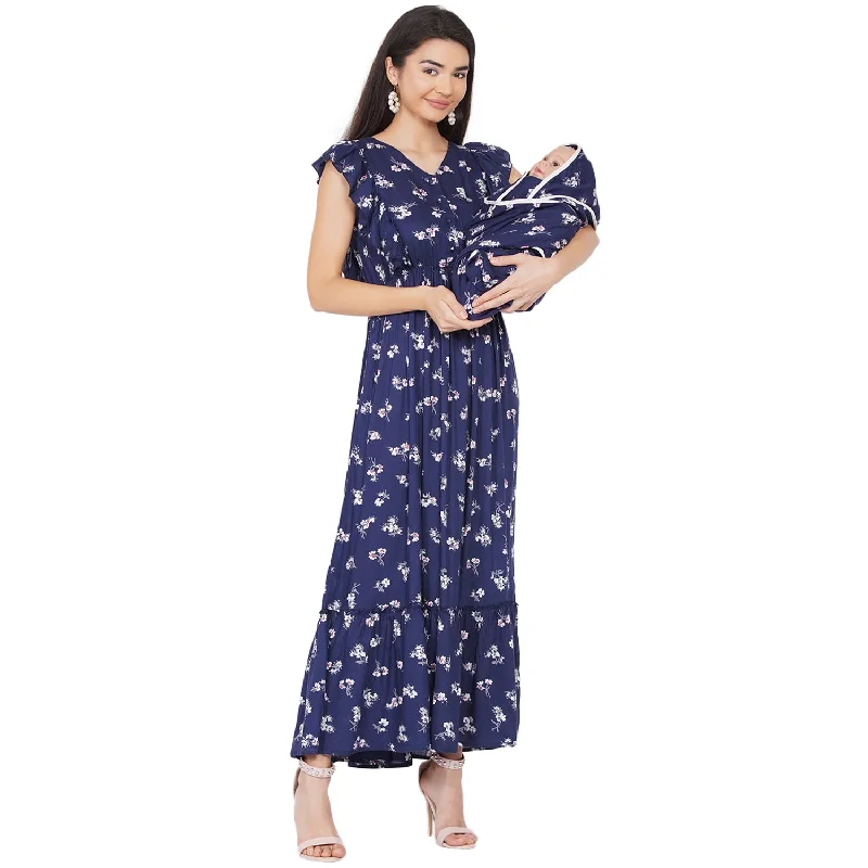 Stock Clearance Navy Blue floral  Maxi Maternity dress for Mom  & Matching Baby Wrapper set