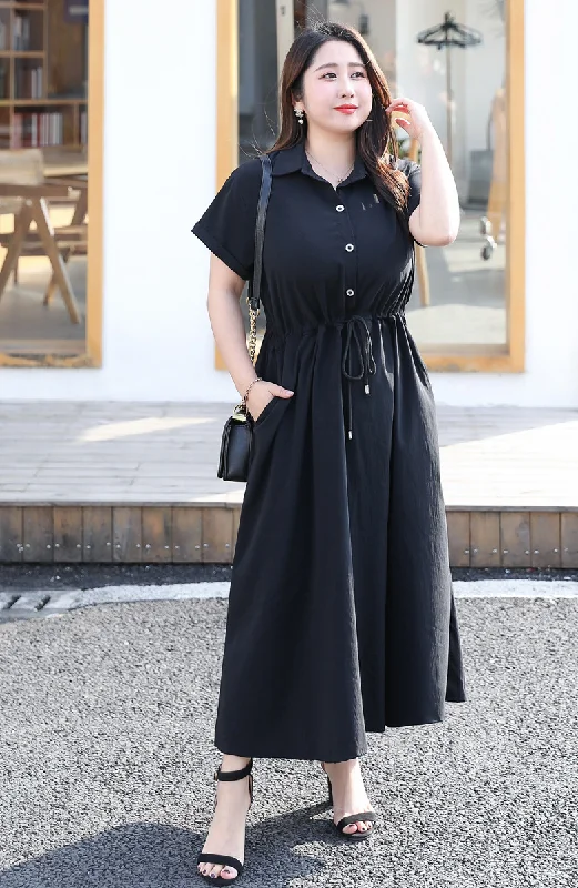 (4XL-8XL) Plus Size Black Midi Short Sleeve Shirt Dress (Extra Big Size)