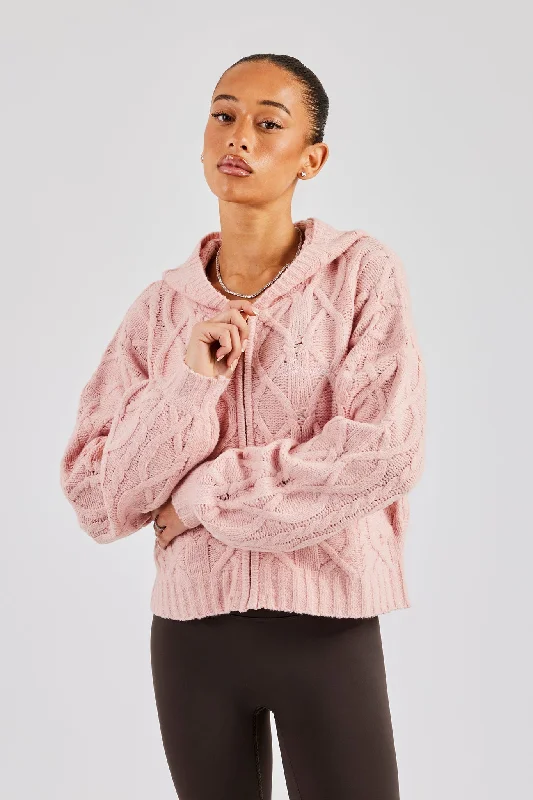 Savings Event Cable Knit Zip Through Knit Hoodie - Baby Pink