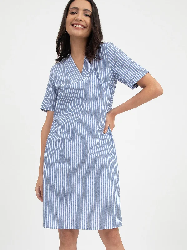 Linen Striped V Neck Shift Dress - Blue and White