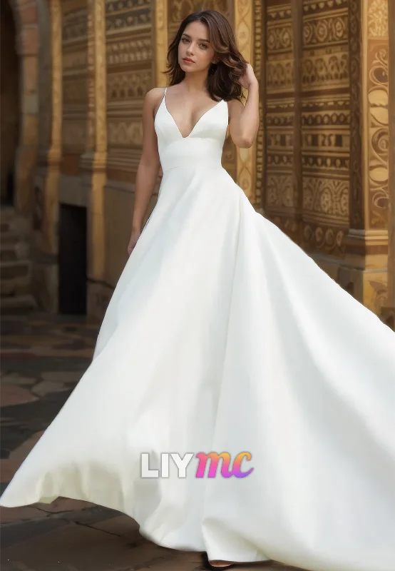 Season Finale Sale V-Neck Straps Sleeveless Pleated Satin A-Line Wedding Dress