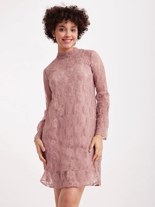 Customer Appreciation Sale Band Neck Lace Dress - Dusty Pink