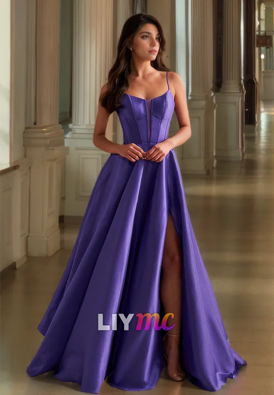 Limited Time Offer Scoop Spaghetti Straps Pleated Satin A-Line Prom Dress