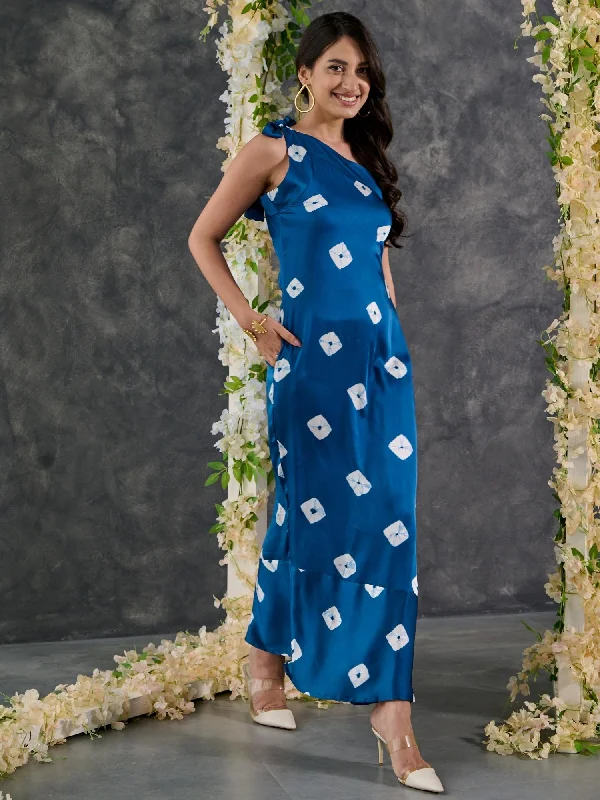 Huge Discounts Indigo Bandhani Modal Satin One- shoulder Dress