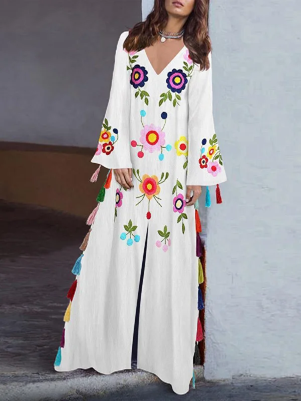 While Supplies Last Women's Bohemian Color Print Fringe Split Maxi Dress