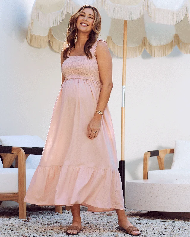 Online Only Margot Maternity Shirred Dress in Blush Pink