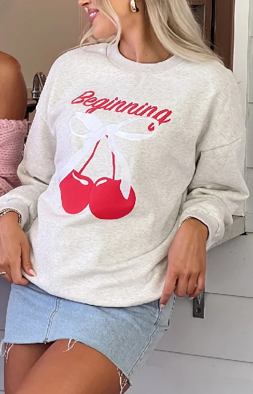 Special Promotion Elodie Oat Marle Cherry Print Crew Neck Sweater