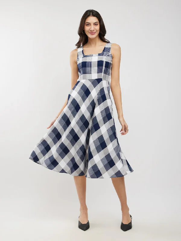 Year-End Sale Rayon Checkered Dress - Blue