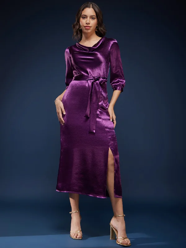 Weekend Deal High Gloss Cowl Neck Dress - Purple
