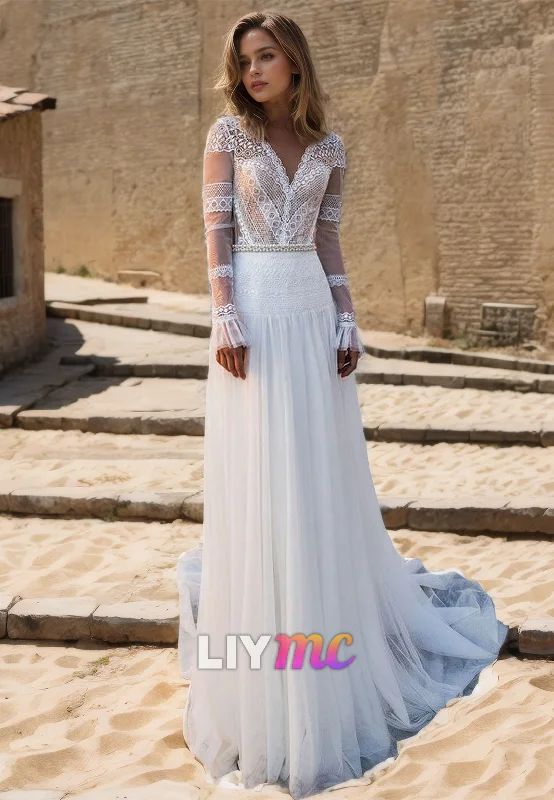 Online Only V-Neck Long Sleeves Appliques Tulle A-Line Wedding Dress
