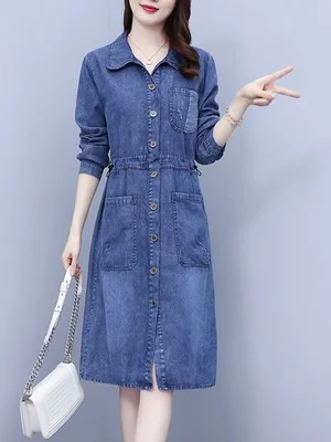 Plus Size Pockets Denim Long Sleeve Shirt Dress