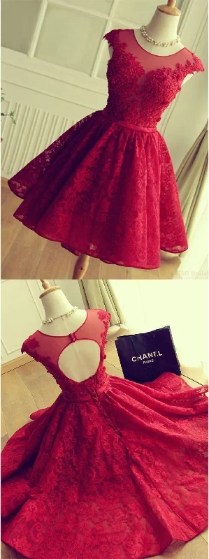 Closeout A Line Crew Cap Sleeves Red Lace Homecoming Dress With Appliques