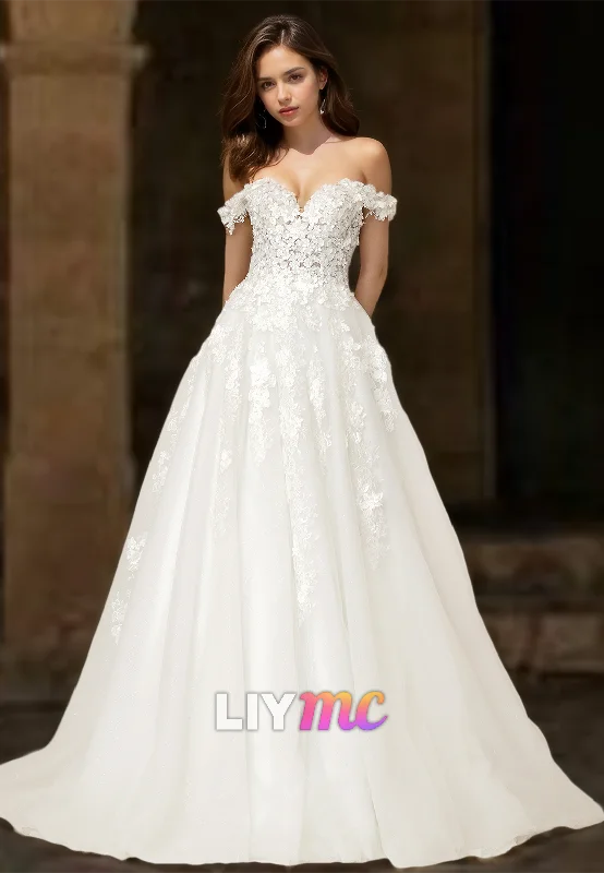 Closeout Off-Shoulder Strapless Appliques Pleated A-Line Wedding Dress