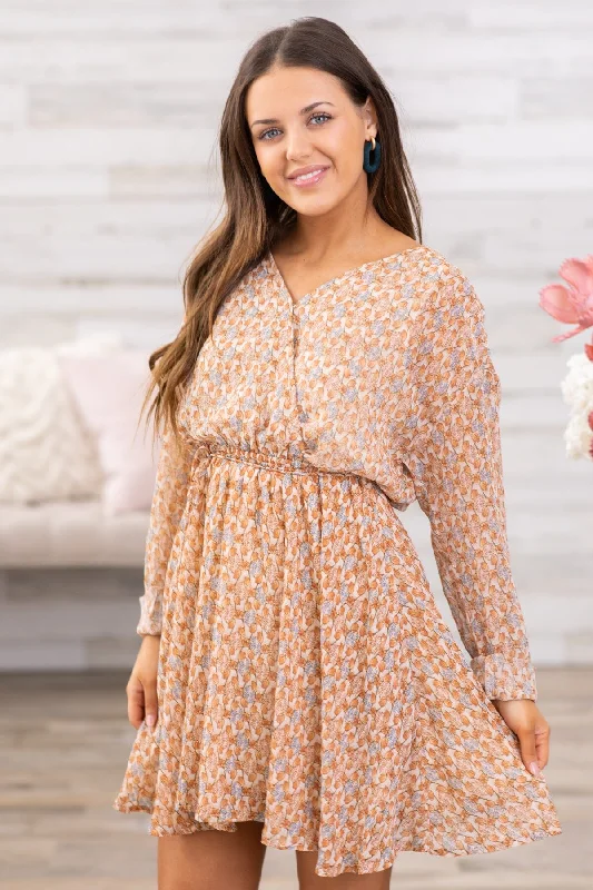 Tan Surplice Front Floral Long Sleeve Dress