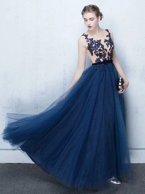 Don't Wait Stunning Dark Navy Evening Dresses Long Tulle Evening Dress Lace Illusion Floor Length Formal Dress