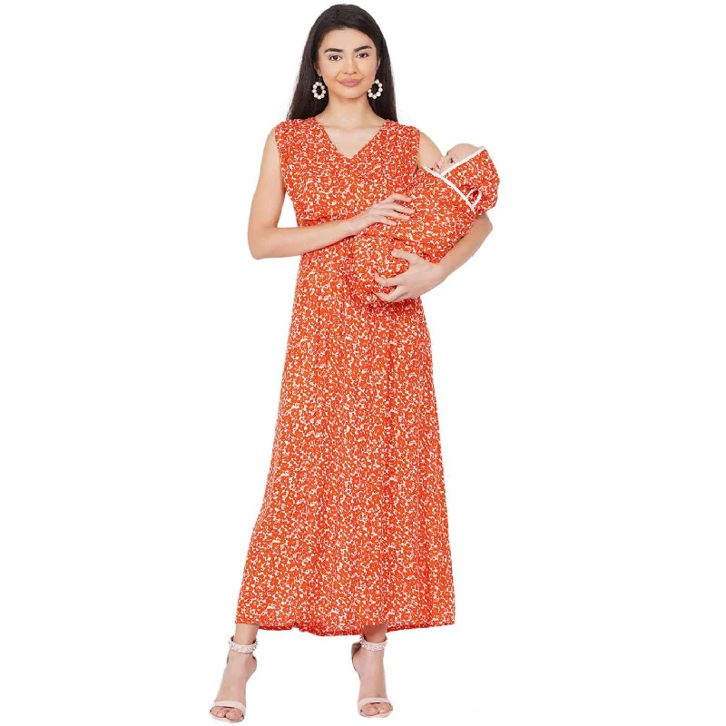 Midnight Madness Orange floral  Maxi Maternity dress for Mom  & Matching Baby Wrapper set