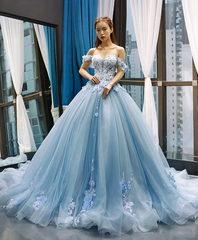 Time-Limited Offer Blue Off Shoulder Tulle Lace Long Prom Gown Blue Evening Dress