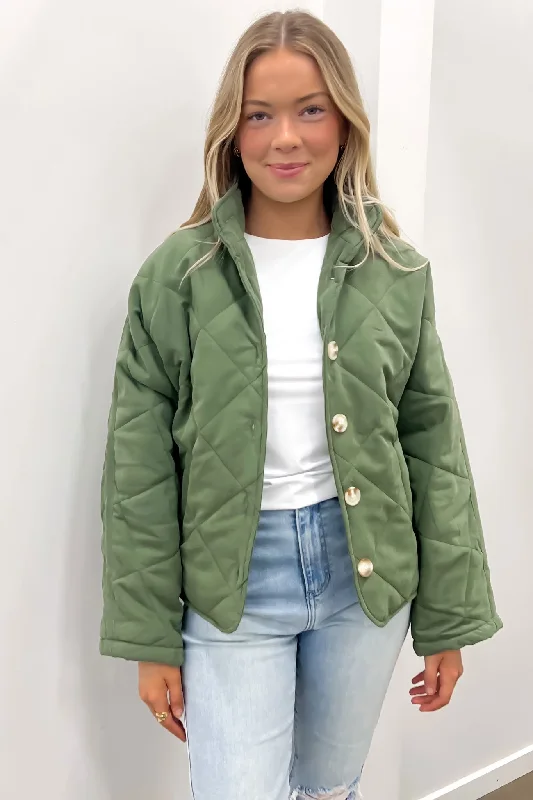 Quick Sale Makayla Quilted Bomber Jacket Khaki