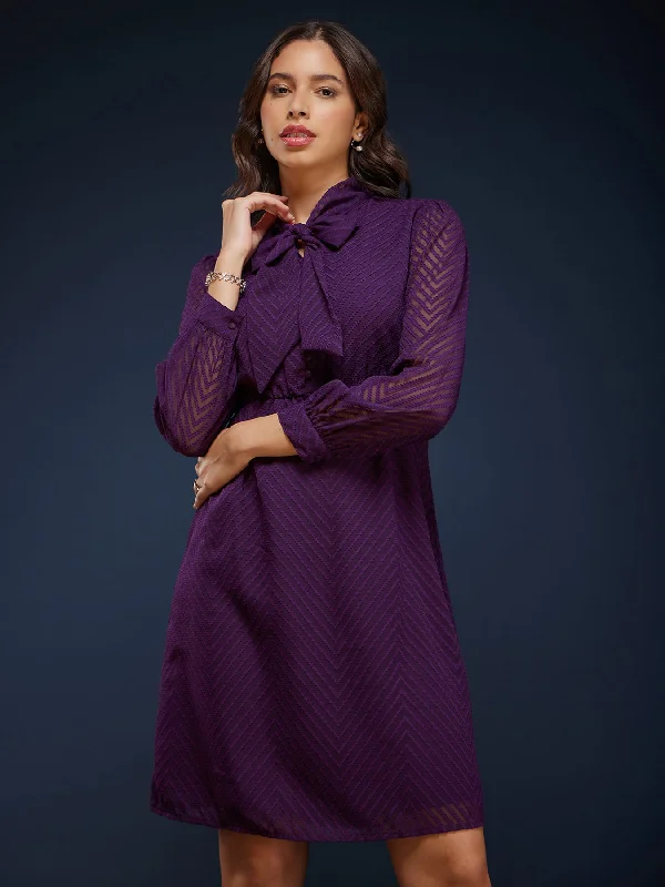 Must-Have Deals Tie-Up Neck Flared Dress - Purple