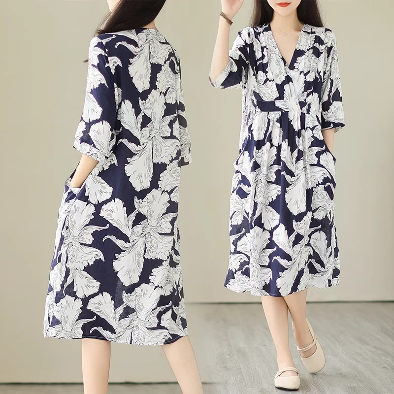 Plus Size Navy Flowers Wrap Dress