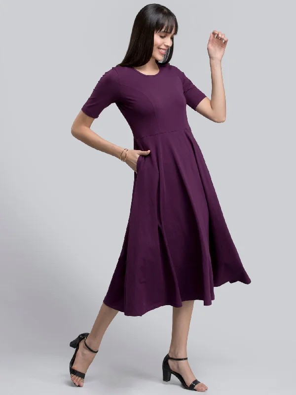 Price Rollback Cotton Round Neck Knitted Fit And Flare Dress - Purple
