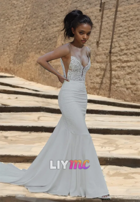 Fantastic Offers V-Neck Straps Backless Appliques Sleek Mermaid Beach Wedding Dress