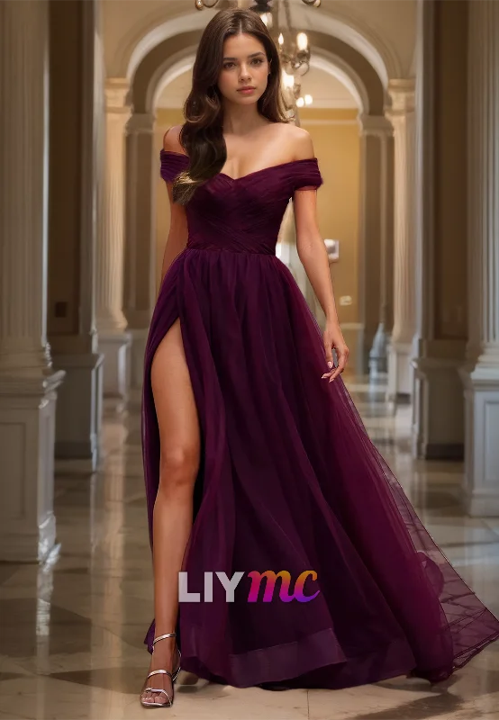 Deal of the Day V-Neck Strapless High Slit Pleated A-Line Prom Dress