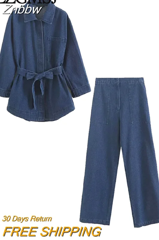Quick Sale Znbbw TRAF Blue Denim Women Long Pants Suits 2023 Autumn Winter With Belt Loose Coat Jacket + Long Pant Sets