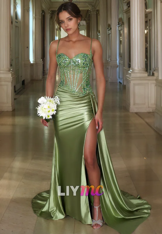 YEAR-End Clearance LP2217 - Sweetheart Sleeveless Appliques Sheer Ruched High Slit Prom Dress