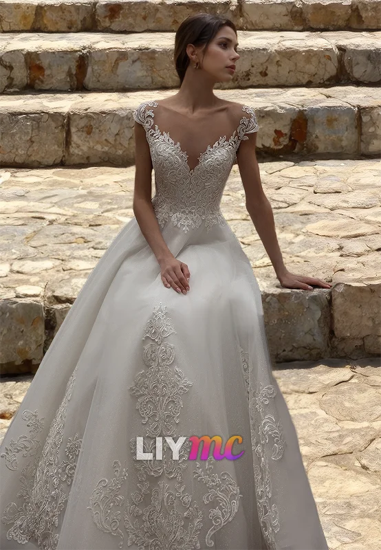 Low Prices V-Neck Cap Sleeves All Lace Appliques Ball Gown Classic Wedding Dress