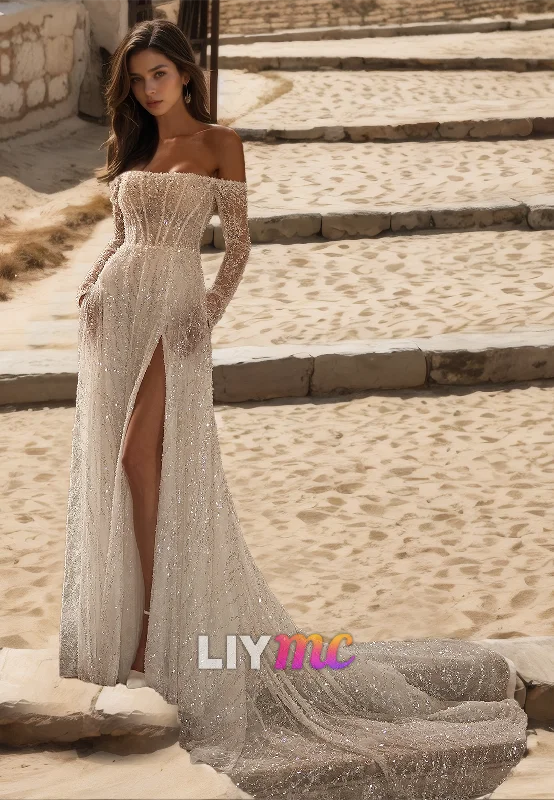 Lowest Price Off-Shoulder Long Sleeves Sparkly Tulle Side Slit A-Line Beach Wedding Dress