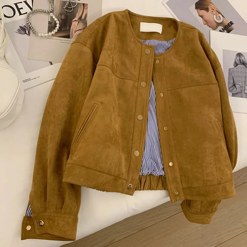 Znbbw Suede Cropped Jacket Women Harajuku Casual Bomber Coat Streetwear Korean Camel Single Breasted Loose Outerwear Tops New