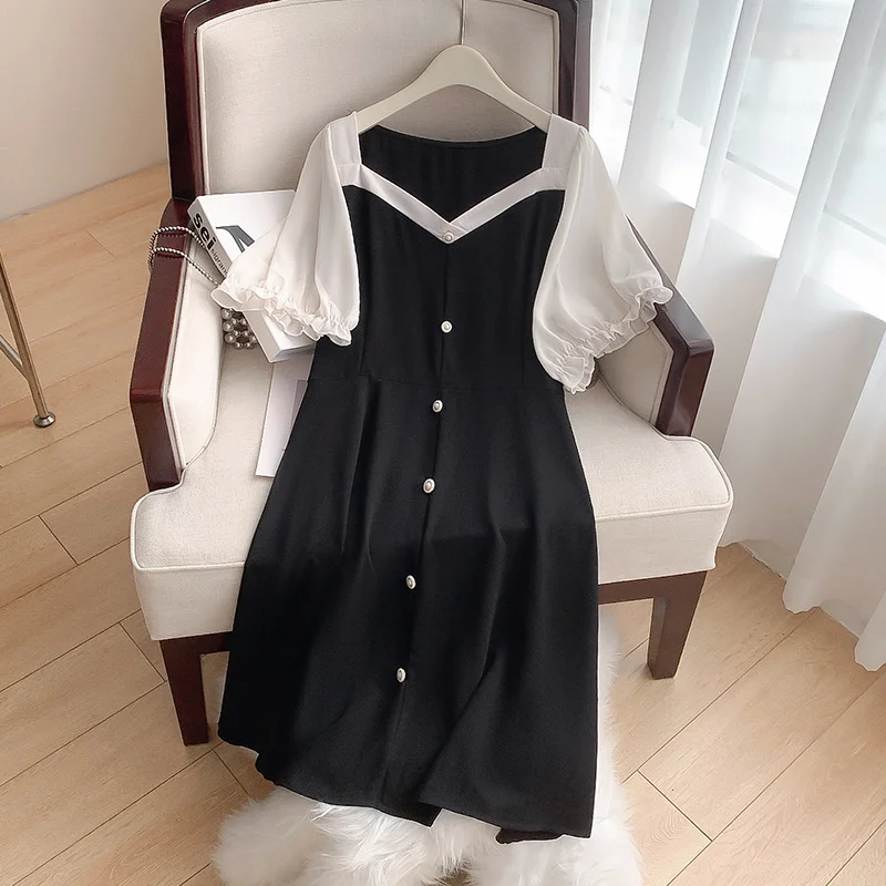 Super Deal Plus Size Chanelesque Buttons Monochrome Short Sleeve Formal Dress (EXTRA BIG SIZE)