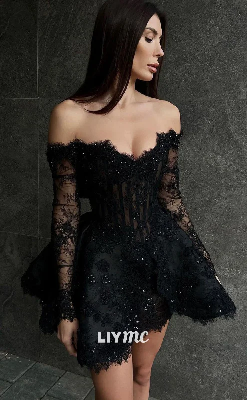 LY046 - Off-Shoulder Lace Appliques Long Sleeves A-Line Short Homecoming Dress