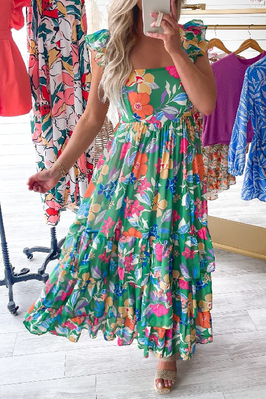 Stock Clearance Green Boho Floral Print Ruffle Sleeveless Tiered Maxi Dress