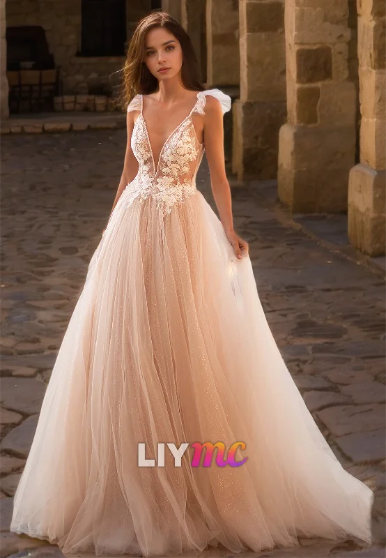 Weekend Deal V-Neck Sleeveless Appliques Tulle Ball Gown Wedding Dress