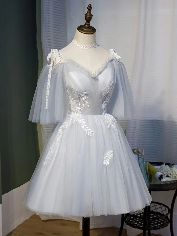 Best Bargains Gray Tulle Lace Short Prom Dress, Gray Tulle Homecoming Dress