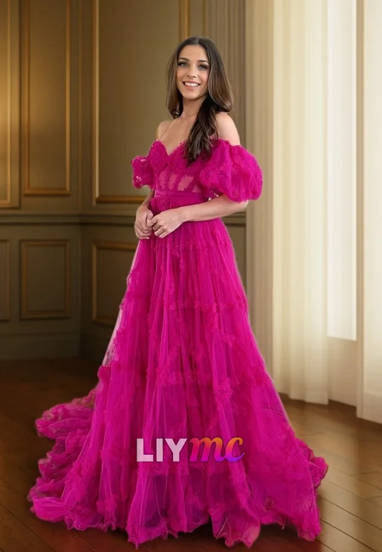Deal Dash LP2313 - Sweetheart Puff Sleeves Sheer Appliques A-Line Prom Dress