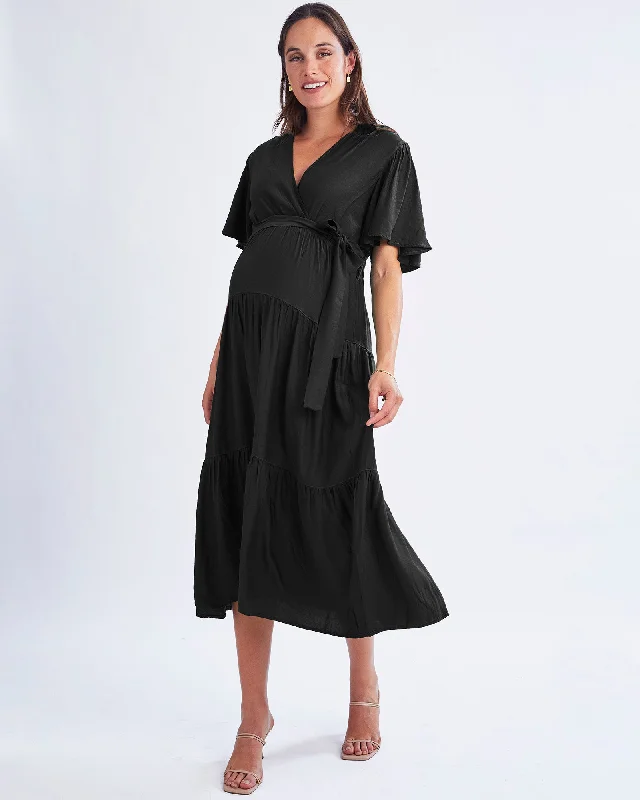 Act Fast Cara Black Maternity Maxi Tiered Dress