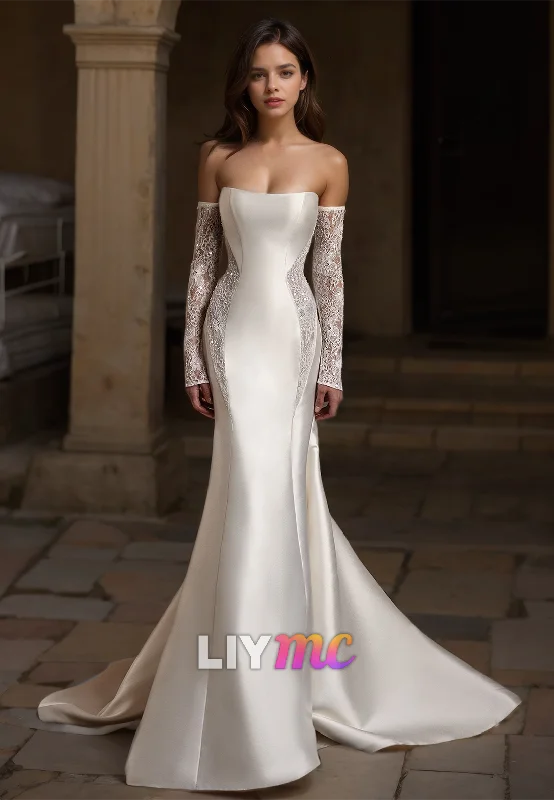 Price Fest Straight Across Sleeveless Sleek Satin Mermaid Wedding Dress