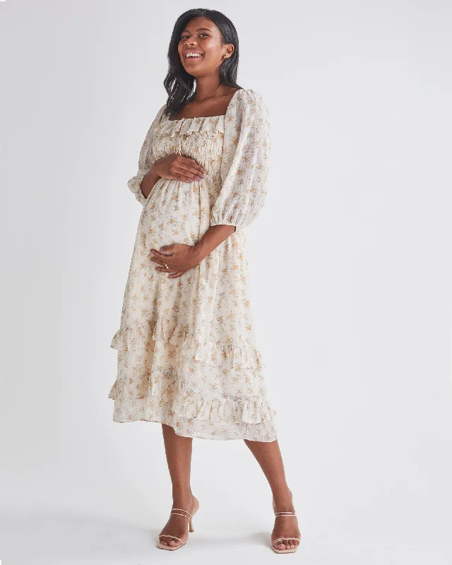 Deal Frenzy Daisy Romantic Cream Print Maternity Baby Shower Dress