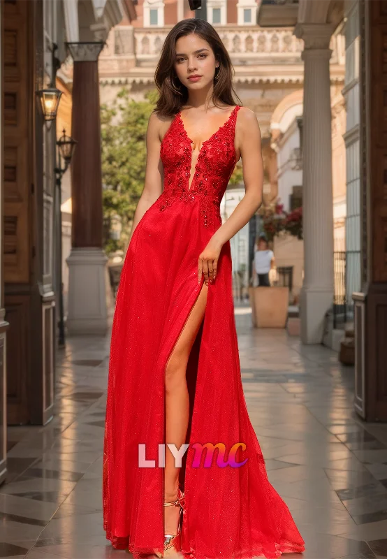 V-Neck Straps Sleeveless Appliques A-Line Prom Dress