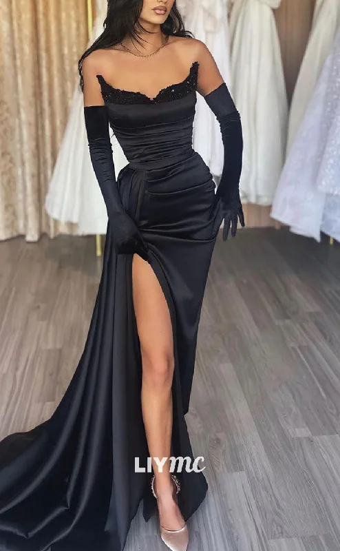 Limited Availability LP2029 - V-Neck Long Sleeves Sleek Satin Fitted High Slit Prom Dress