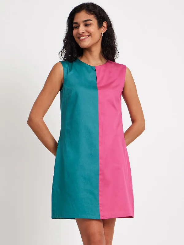 Flash Deals Colour Block Sleeveless Dress - Pink And Teal