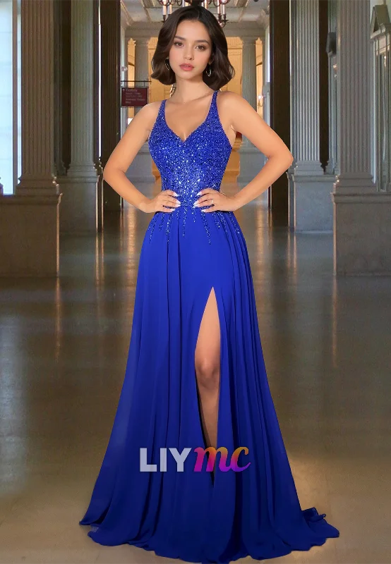 Online Only V-Neck Spaghetti Straps Appliques Sequins A-Line Prom Dress