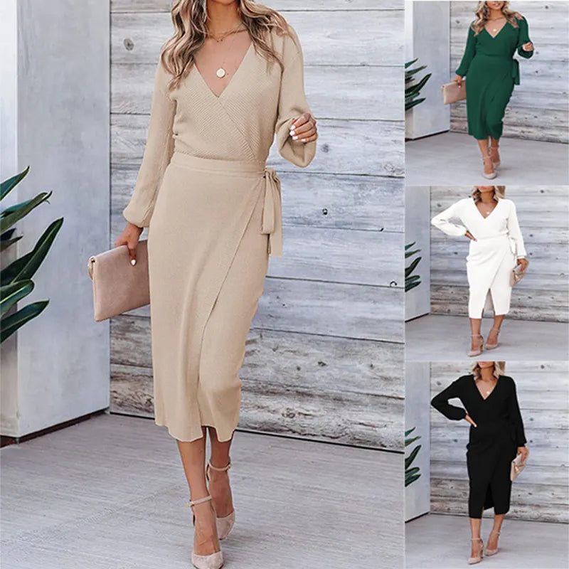 Price Blitz Women's V Neck Belted Knit Dress