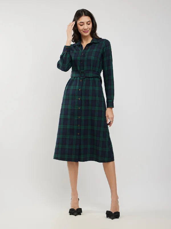 Lowest Price Cotton Checkered Shirt Dress - Green And Black