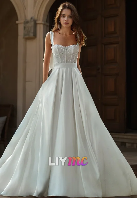 Closeout Semi-Sweetheart Straps Pearl Beaded Pleated Satin A-Line Wedding Dress