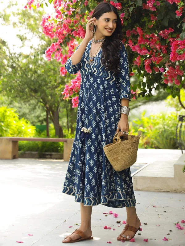 Reduced Prices Indigo Floral Dabu Fit & Flare Maxi Dress